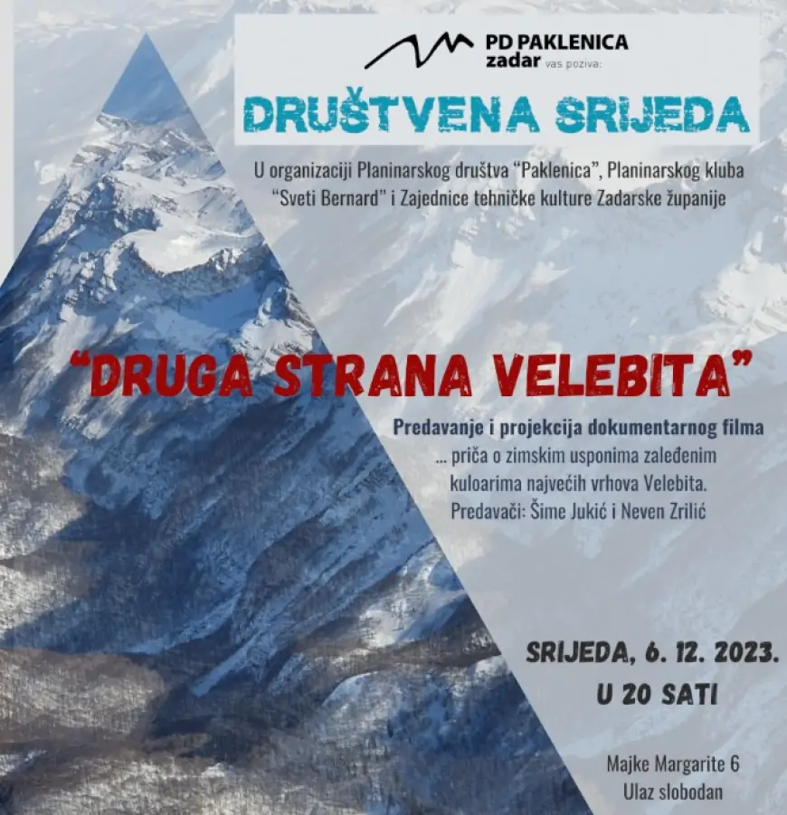 "Druga strana Velebita" – Predavanje i projekcija filma u organizaciji PD Paklenica