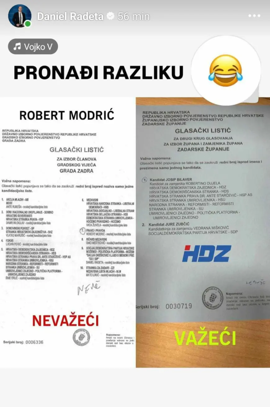 DANIEL RADETA: "TESTIRALI SMO BIRAČKI ODBOR GLASAČKIM LISTIĆEM ZA JOSIPA BILAVERA I ZA ROBERTA MODRIĆA. ISHOD VJERUJEM DA SVI ZNATE..."