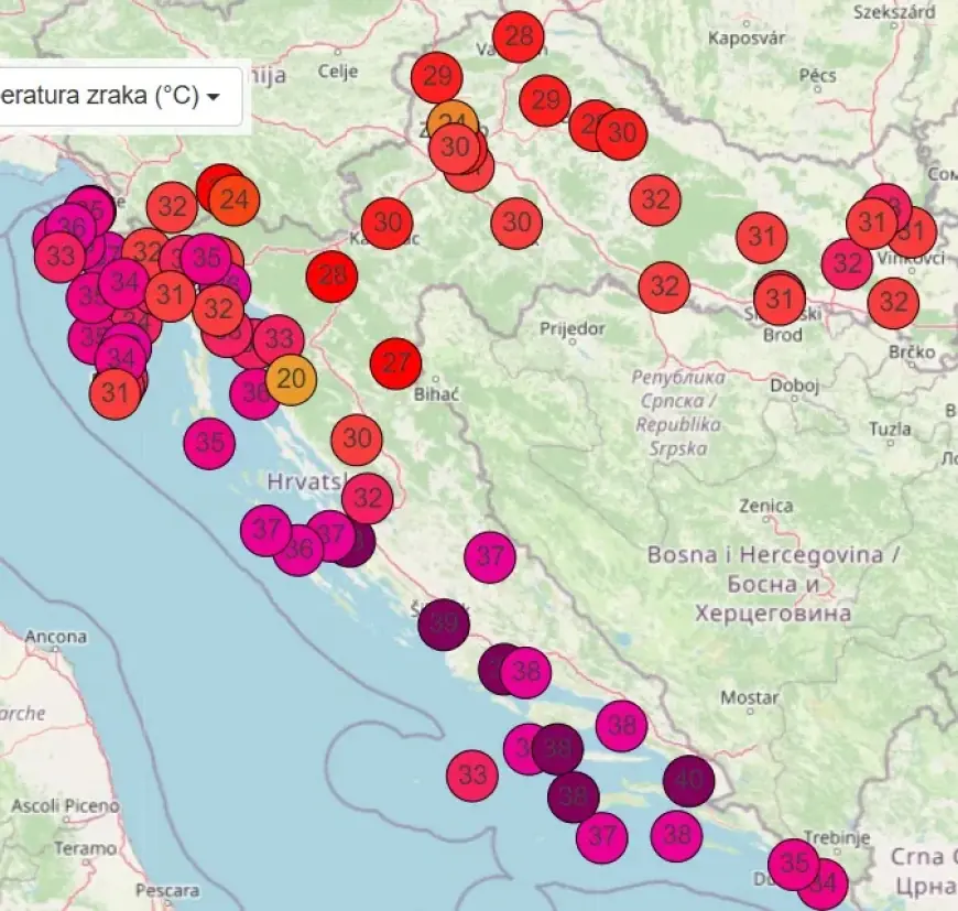 MAPA / ČITAVA HRVATSKA NA +30 CELZIJEVIH, NA JADRANU I DO 40!