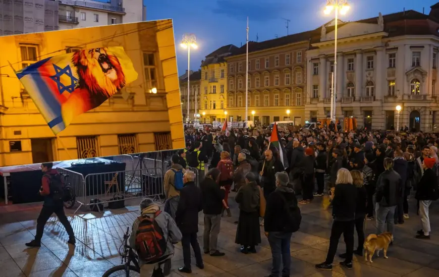 U CENTRU ZAGREBA ODRŽAN SKUP PODRŠKE PALESTINI, PROTUPROSVJEDNIK RAZVIO IZRAELSKU ZASTAVU