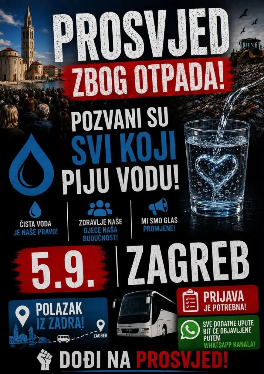 RADETA ORGANIZIRA BESPLATAN PRIJEVOZ IZ ZADRA NA PROSVJED U ZAGREBU: "POZVANI SU SVI KOJI PIJU VODU"